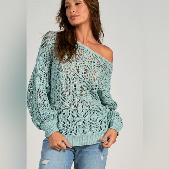 Women's Off-Shoulder Knit Sweater - Light Blue - Picture 1 of 5